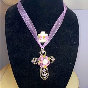 STUNNING CROSS NECKLACE WITH HANDMADE CLAY FLOWER
